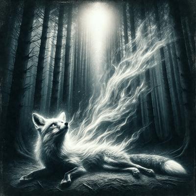 The primary subject of the image is a fox lying on the ground. The setting is a forest, with trees surrounding the fox. The visual style is a digital art or illustration, creating a surreal and dramatic atmosphere. The dominant colors are black, white, and red, with the fox's fur being predominantly white.